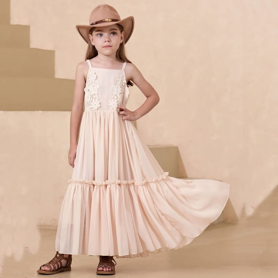 Girls Spaghetti Strap Maxi Dress Tiered Ruffle Chiffon Flowy Sundress for Kids Beige 11-12 Years