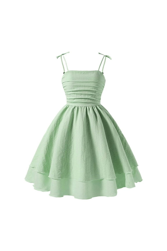 Girls Spaghetti Strap Smocked Dress Layered Beach Sundress A-Line Midi Dresses Summer Girls Solid Color Dress With Bow Knot Sweet Sleeveless For Kids