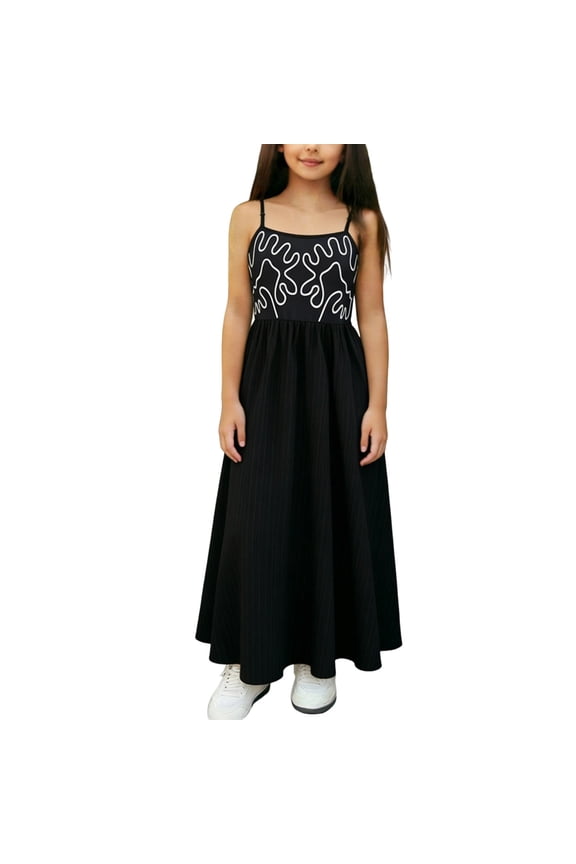 Girls Spaghetti Strap Smocked Maxi Dress, Black with White Abstract Print, Summer Casual Party Dress for Kids 7-12 Years, Lightweight Breathable,Size 8-9T