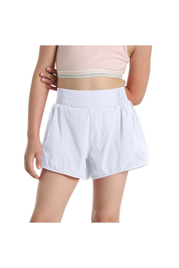 Girls Spandex Athletic Shorts Quick Dry Running Shorts with Mesh Liner and Zip Pockets Summer Pants (10 Years, White)