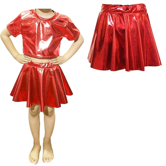 Girls' Sparkle Metallic Skirts Elastic Waist Flared Pleated A-Line Red Mini Skirt Girls Fall Skirt