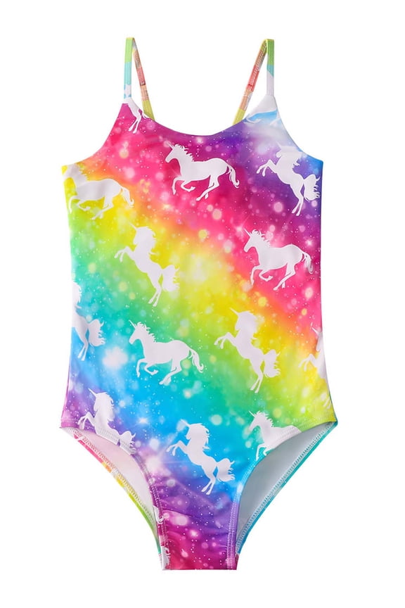 Girls' Sparkle One-Piece Swimsuit Adjustable Crossback Straps Shimmer Bathing Suit For Beach Pool Unicorn Rainbow Shell Galaxy 3-8Y