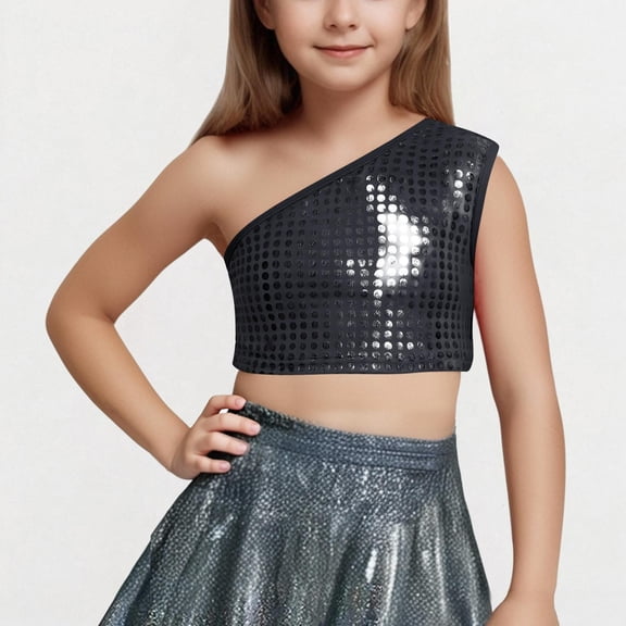 Girls' Sparkle Sequin Short Sleeve Crop Top with Elastic Round Neckline for Dance and Parties