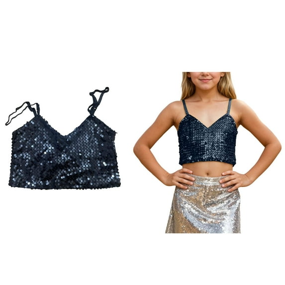 Girls' Sparkle Sequins Tank Tops Sleeveless Spaghetti Strap Crop Tops for Kids Latin Jazz Hi Hop Stage Performance