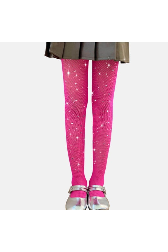Girls Sparkle Tights Fishnet Rhinestone Stockings Kids Glitter Mesh Pantyhose Leggings Uniform Trousers with Pockets 5-15Y