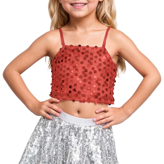 Girls Sparkling Carnival Adjustable Elastic Band Sequin Crop Top for Kids and Tween Kids Summer Soft Comfy Cute Basic Tees