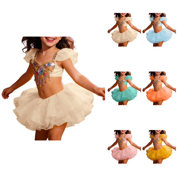 Girls' Sparkly Ballet Tutu Skirt Dance Leotard Dress, 3-Layered Elastic Tulle Recital Party Performance for Kids