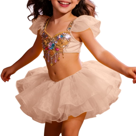 Girls' Sparkly Ballet Tutu Skirt Dance Leotard Dress, 3-Layered Elastic Tulle Recital Party Performance for Kids
