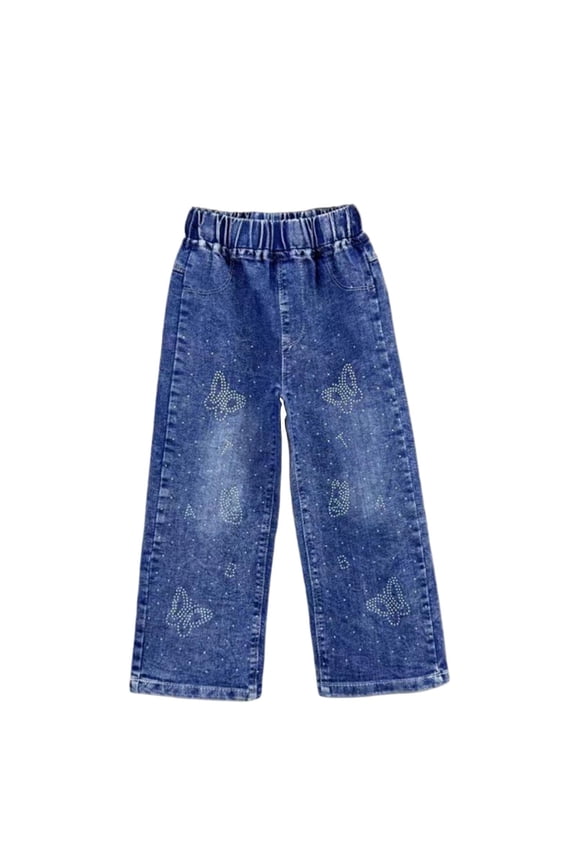 Girls Sparkly Butterfly Rhinestone Flare Jeans Elastic Waist Distressed Blue Denim Pants for Kids Kids,Size 1-2 T