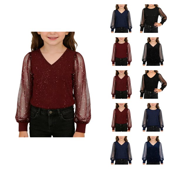 Girls Sparkly Collar Long Sleeve Casual Top Loose Fit Party Blouse For Tweens And Teens Festive Celebration Shirt