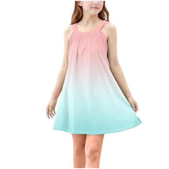 Girls Sparkly Gradient Dresses Summer Casual Loose Sleeveless A-Line Sundresses Tank Swing Midi Beach Dresses 4-15Y