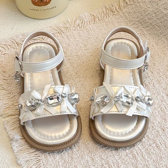 Girls Sparkly Rhinestone Bow Sandals Adjustable Buckle Ankle Strap Open Toe Summer Shoes For Toddler And Kids Beige Size 3.5-4 Years