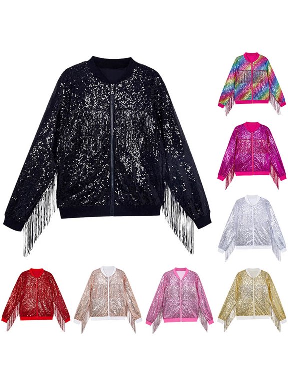 Girls Sparkly Sequin Bomber Jackets With Trendy Long Fringe Zip Up For Party Dance Performance Outerwear Coat 10-12 Years Jacket for Little Kids