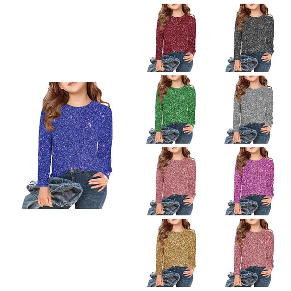 Girls Sparkly Sequin Shirts Slim Fit Long Sleeve T-Shirts Shiny Glitter Blue Tops Tees for Halloween Carnival 7-8 Years