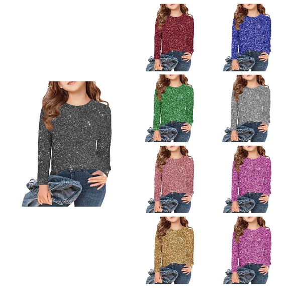 Girls Sparkly Sequin Shirts Slim Fit Long Sleeve T-Shirts Shiny Glitter Gray Tops Tees for Halloween Carnival 3T