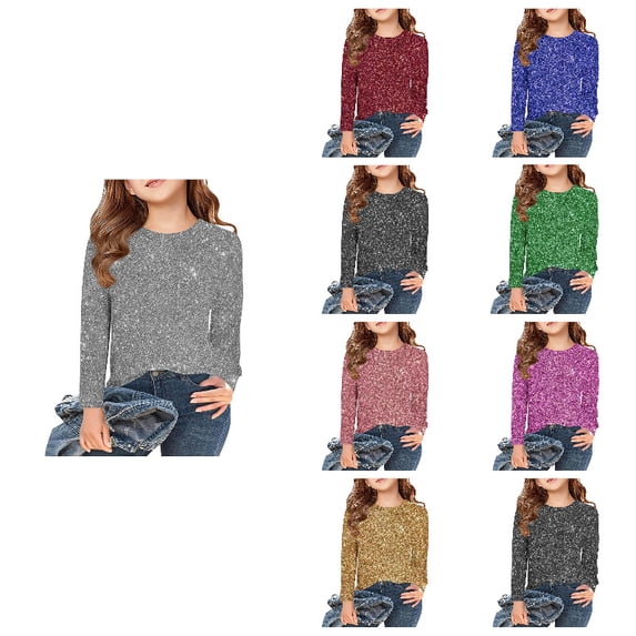 Girls Sparkly Sequin Shirts Slim Fit Long Sleeve T-Shirts Shiny Glitter Grey Tops Tees for Halloween Carnival 8-9 Years