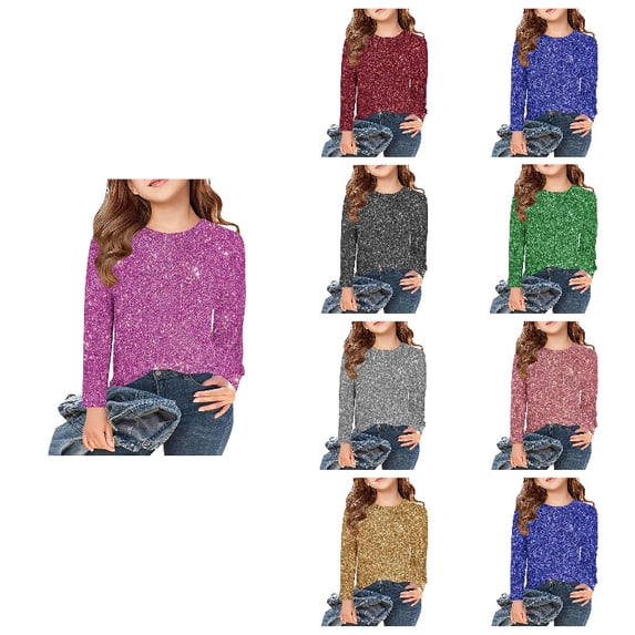 Girls Sparkly Sequin Shirts Slim Fit Long Sleeve T-Shirts Shiny Glitter Purple Tops Tees for Halloween Carnival 6-7 Years
