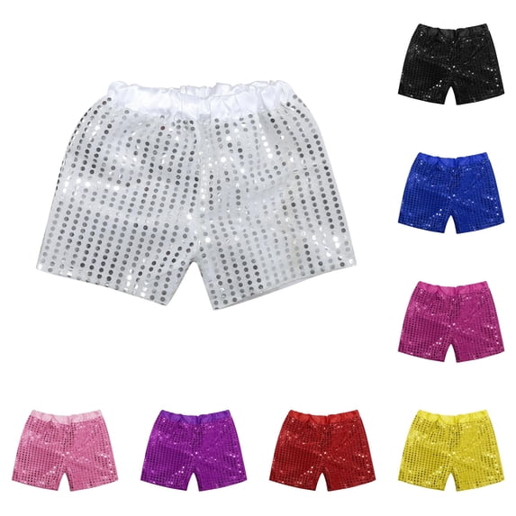 Girls Sparkly Sequin Shorts with Elastic Waist, Glitter Party Pants for Dance Practice, Birthday Celebration and Performance