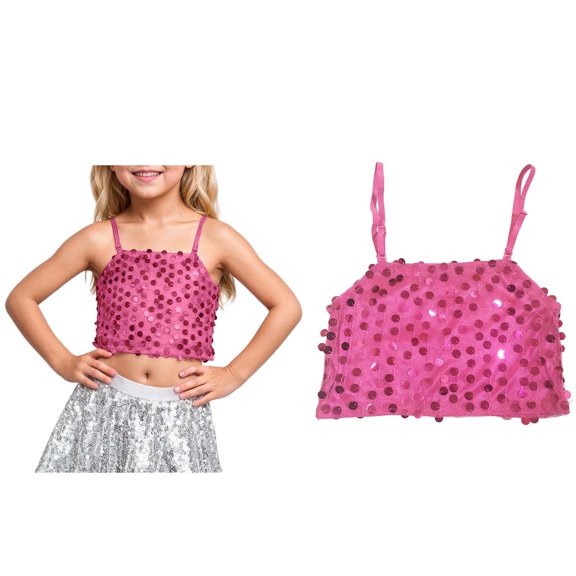 Girls Sparkly Sequin Tank Top Sleeveless Spaghetti Shoulder Straps Girls Tops Ballet Latin Jazz Performance
