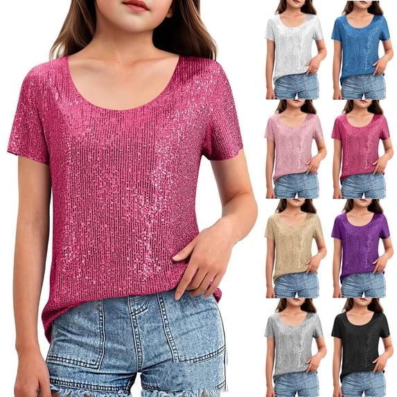 Girls Sparkly Sequin Top Short Sleeve Round Neck Glitter T-Shirt Summer Casual Concert Party Disco Blouse