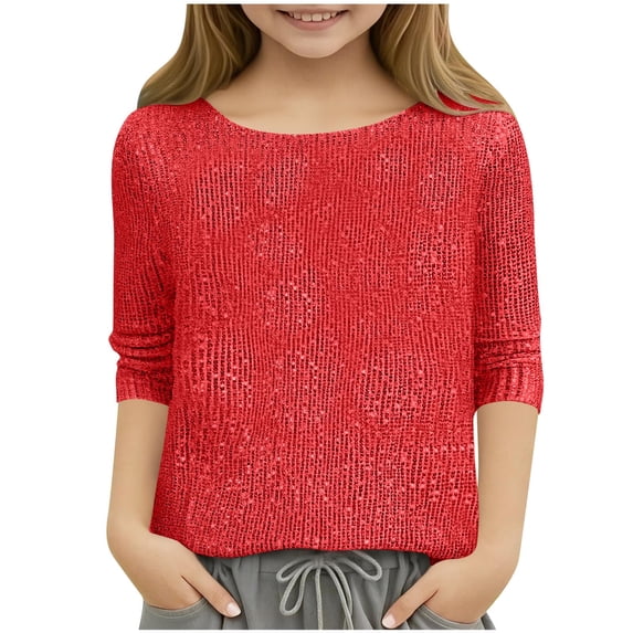 Girls Sparly Sequins Long Sleeve Tshirts Casual Crewneck Long Sleeve Pullover Shirts Kids Loose Comfy Lightweight Tops 5-15 Years