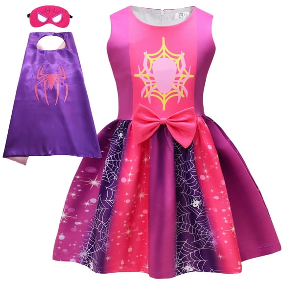 Girls Spider Cartoon Dress Halloween Party Costume with Eyemask&Cape for 5-6Y