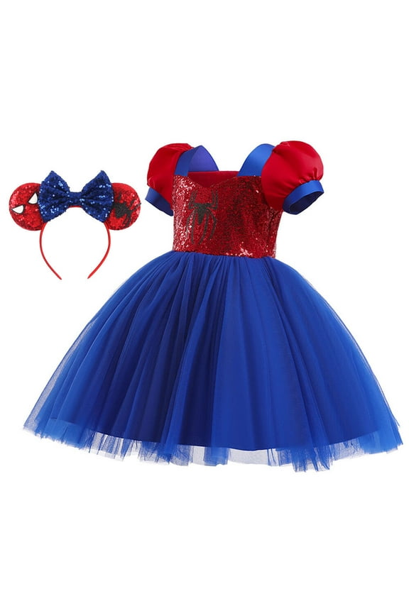 Girls Spider Costume Dress Short Sleeves Sequins Halloween Party Cosplay Dress Up