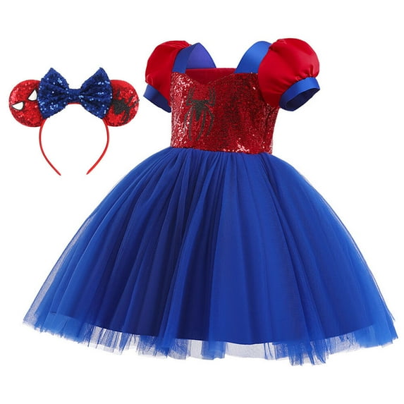 Girls Spider Costume Dress Short Sleeves Sequins Halloween Party Cosplay Dress Up