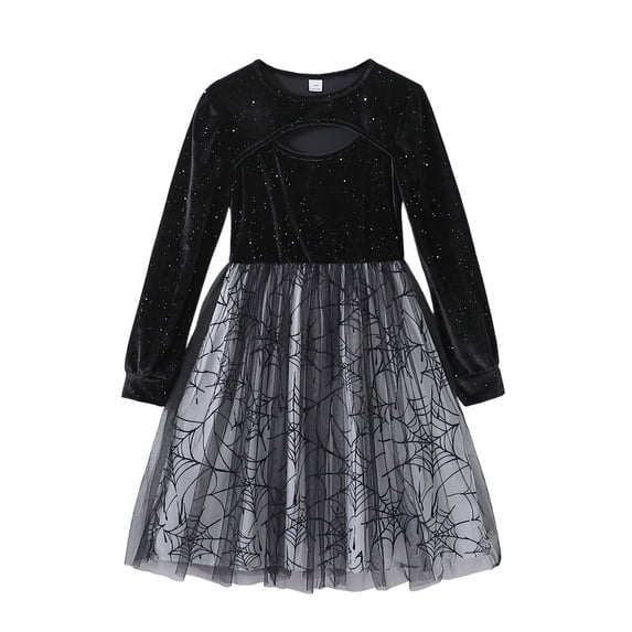 Girls Spider Web Tutu Dress Long Sleeve Princess Halloween Party Kids Cute Dress Up Holiday Photo 7-12Years