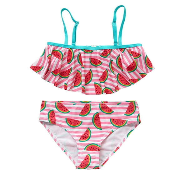 Girls Split Bikini Swimsuit Striped Watermelon Print Children's Ruffled Swimsuit