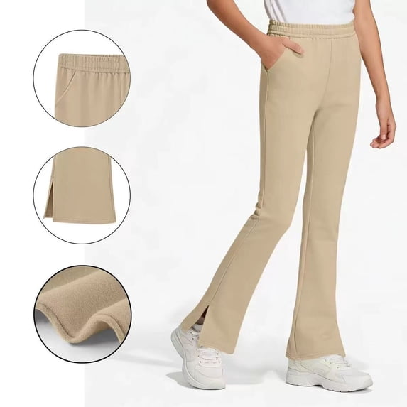 Girls Split Flare Pants Solid Color High Waist Stretchy Yoga Trousers Kids Casual Slim Comfy Long Pants Khaki 14-15 Years