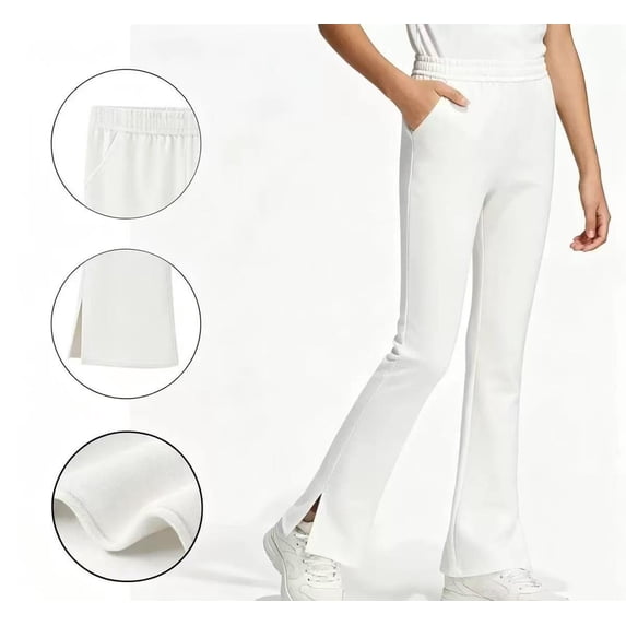Girls Split Flare Pants Solid Color High Waist Stretchy Yoga Trousers Kids Casual Slim Comfy Long Pants White 5-6 Years