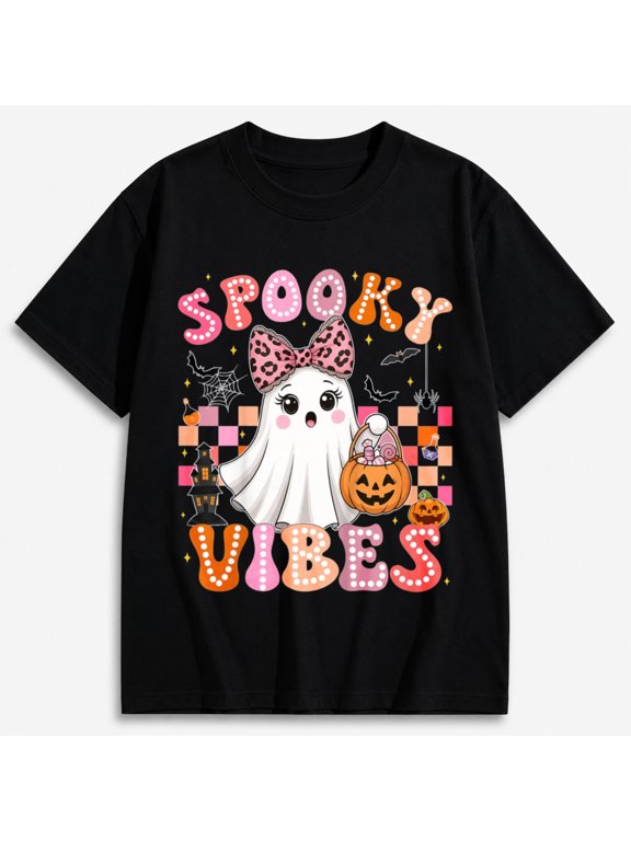 Girls Spooky Vibes Ghost Leopard Bow Pumpkin Halloween Graphic T-Shirt