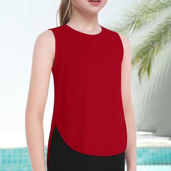 Girls Sport Tank Tops Sleeveless Crewneck Solid Color Curved Hem Summer Athletic Gym Tops Size 7-8Y