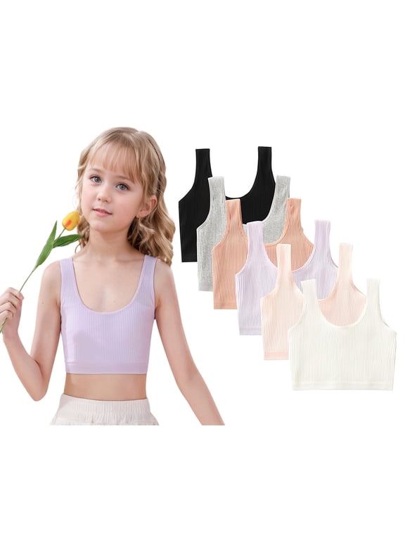 Girls Sports Bra,6 Pack Girls Training Bra Cotton Bralette Seamless Cami Crop Bras for Age 6-12 Years(M)