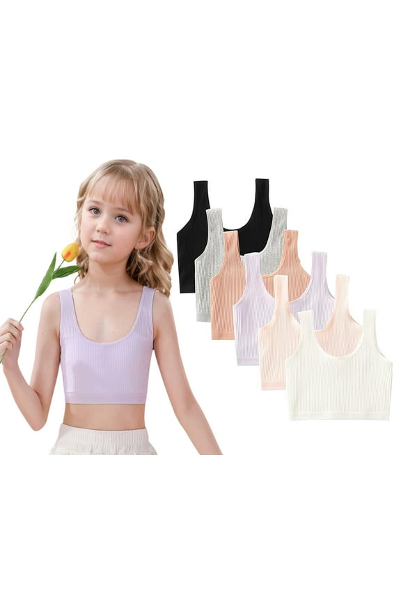 Girls Sports Bra,6 Pack Girls Training Bra Cotton Bralette Seamless Cami Crop Bras for Age 6-12 Years(M)