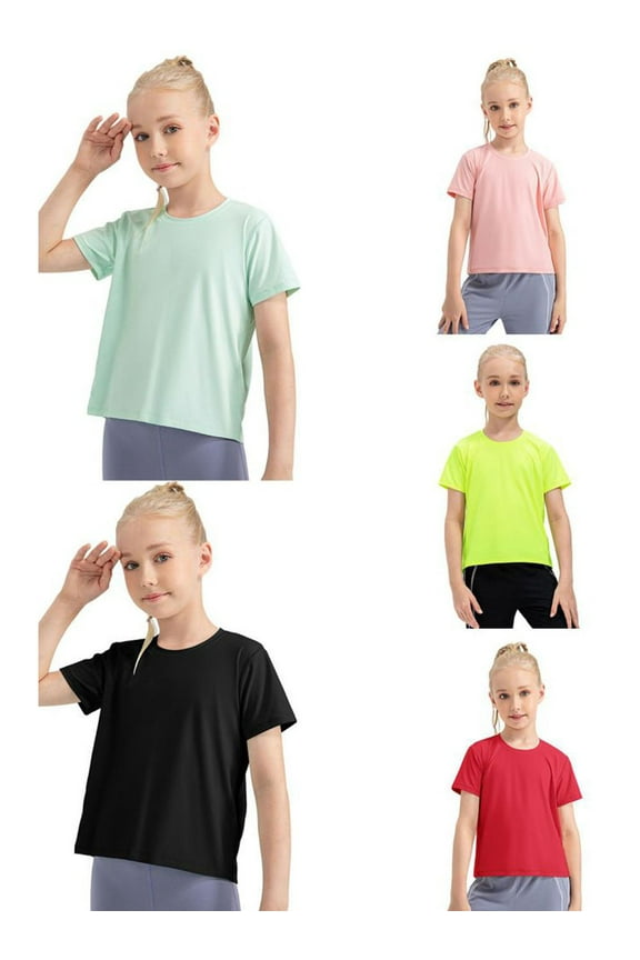 Girls Sports Shirts Active Dry Fit Athletic Performance Clothes Kids Teens Short Sleeve Loose Tees 5-12Y