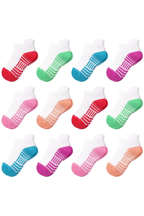 Girls' Sports Socks，12 Pairs Children's Breathable Cotton Socks for Kids 1-16 Years