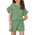 thumbnail image 1 of Girls Sporty Outfit Set, Breathable Ruffle Trim Tee and Matching Shorts, Active Wear for Running, Tennis, Summer Camp & Play,Army Green,170, 1 of 2