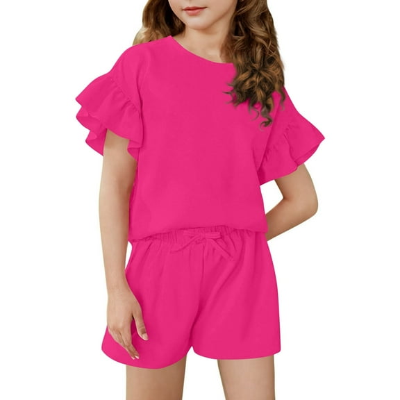 Girls Sporty Outfit Set, Breathable Ruffle Trim Tee and Matching Shorts, Active Wear for Running, Tennis, Summer Camp & Play,Hot Pink,170