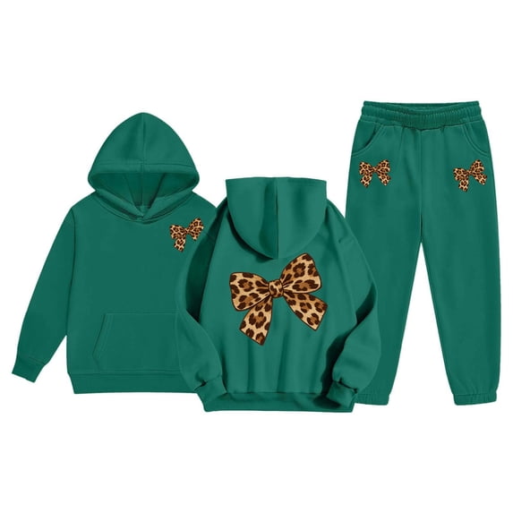 Girls Sporty Outfit Sets Cozy Pullover Hoodie Joggers Fashion Print Two Piece Girls Performance Suit,Dark Green,Size 8 -9 Years