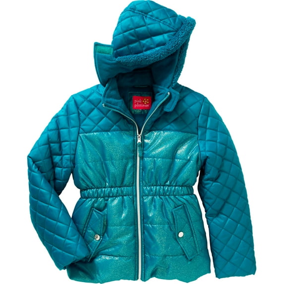 Girls' Spray Foil Quilted Puffer Jacket with Pockets and Faux Fur Trimmed Hood