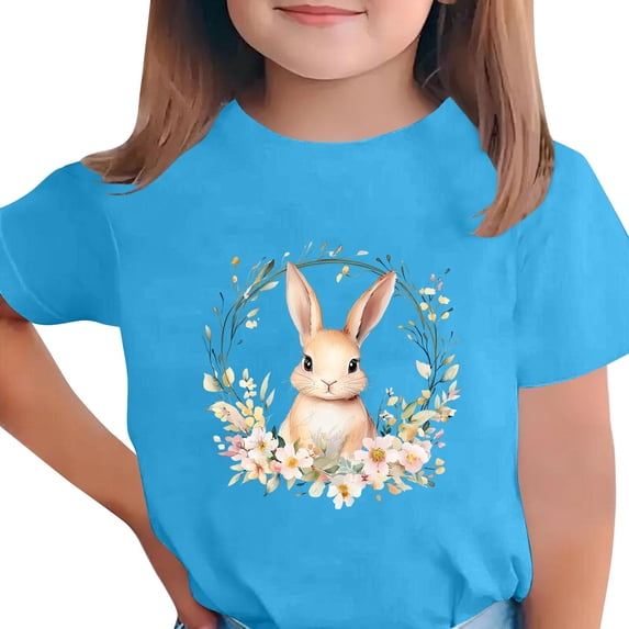 Girls Spring Bunny Shirt Floral Graphic Tee Blue Watercolor Easter Top for Kids Soft Short Sleeve,Size 3-4T