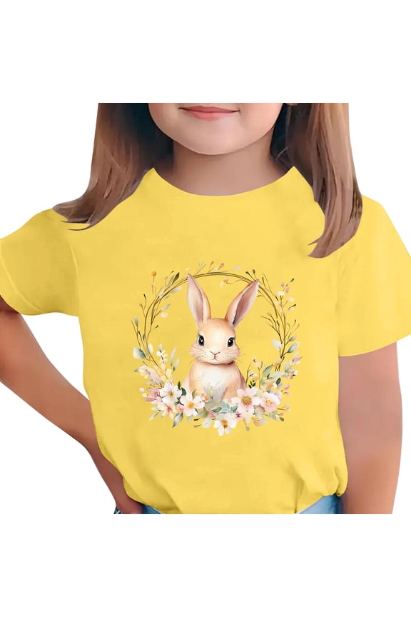 Girls Spring Bunny Top Yellow Floral Graphic Tee Easter Shirt for Kids Soft Short Sleeve T-Shirt,Size 4-5T