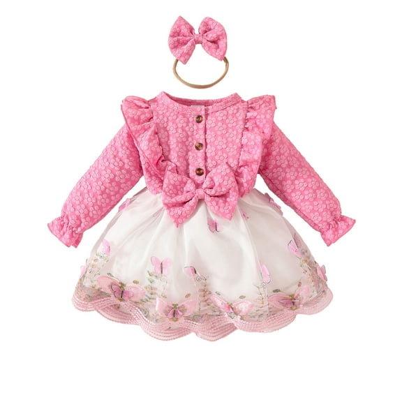 Girls Spring Dress Baby Long Sleeve Ruffles Floral Bowknot Princess Dress Headbands Girl Dresses Hot Pink 2-3 Years