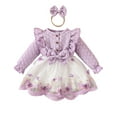 thumbnail image 1 of Girls Spring Dress Baby Long Sleeve Ruffles Floral Bowknot Princess Dress Headbands Girl Dresses Purple 12-18 Months, 1 of 6