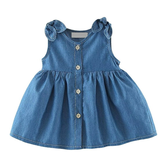 Girls Spring Dress Baby Summer Casual Sleeveless Solid Buttons Holiday Beach Denim Dress Dresses for Girls Blue 6-12 Months