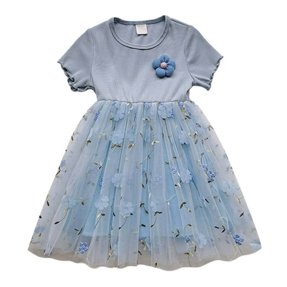 Girls Spring Dress Casual Round Neck Short Sleeve Flowers Mesh Tutu Dress Dresses for Girls Blue 12-18 Months