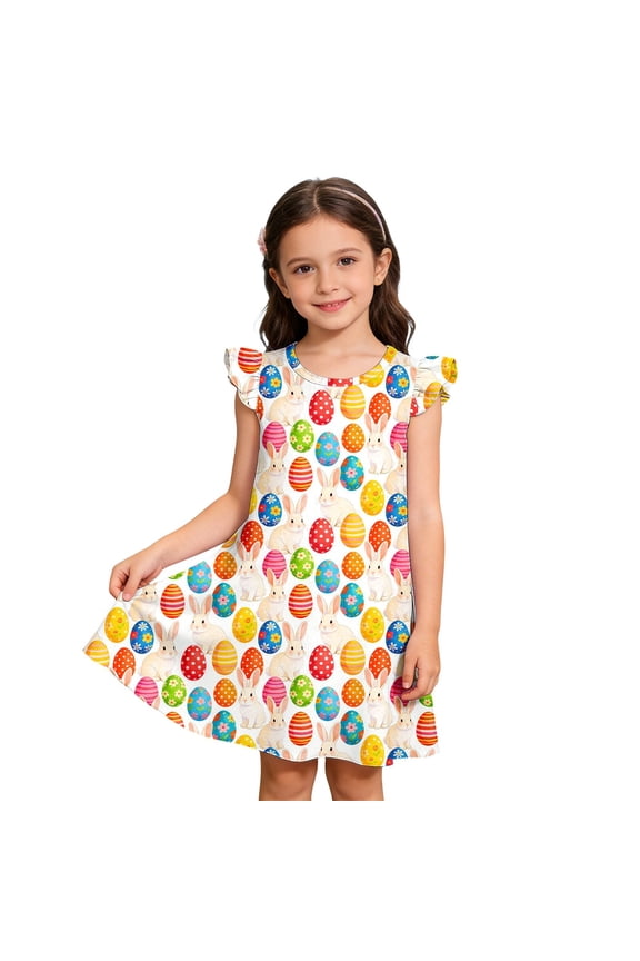 Girls Spring Dress Easter Bunny Egg Print Sleeveless Smocked Outfit Clothes