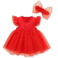thumbnail image 1 of Girls Spring Dress Infant Spring Summer Tulle Solid Fly Sleeve Birthday Party Princess Dress Headbands Little Girl Dresses Red 6-9Months, 1 of 7